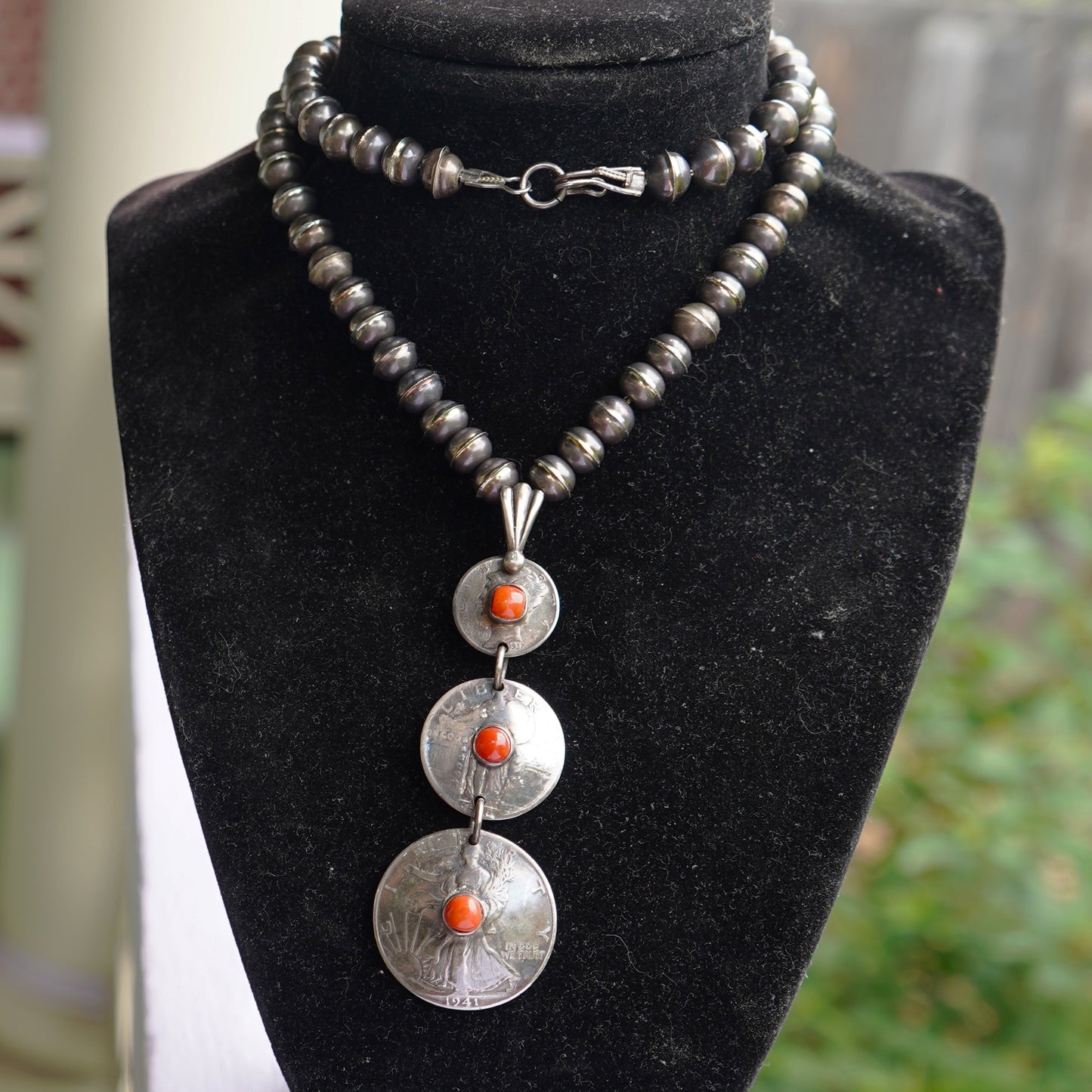 Old Coin Pendant Necklace With Coral And Sterling Silver Bench Made Beads