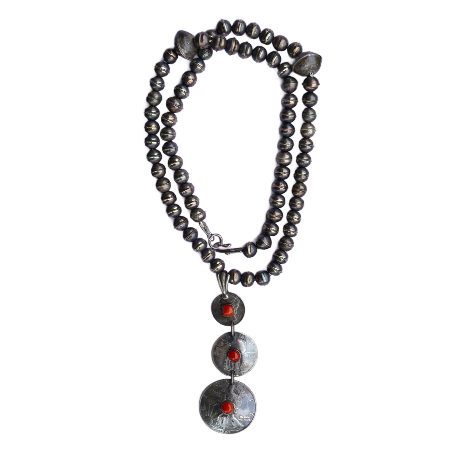 Old Coin Pendant Necklace With Coral And Sterling Silver Bench Made Beads