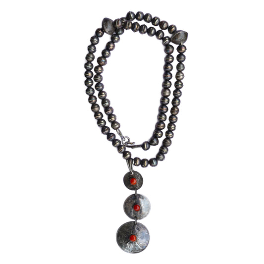 Old Coin Pendant Necklace With Coral And Sterling Silver Bench Made Beads