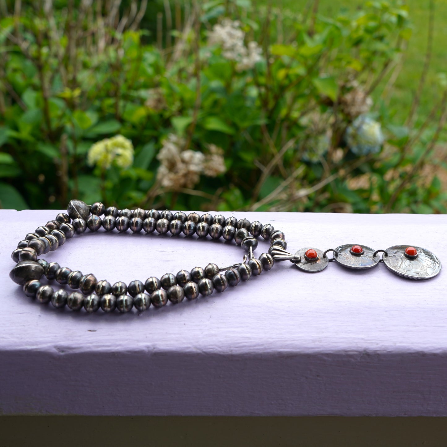 Old Coin Pendant Necklace With Coral And Sterling Silver Bench Made Beads