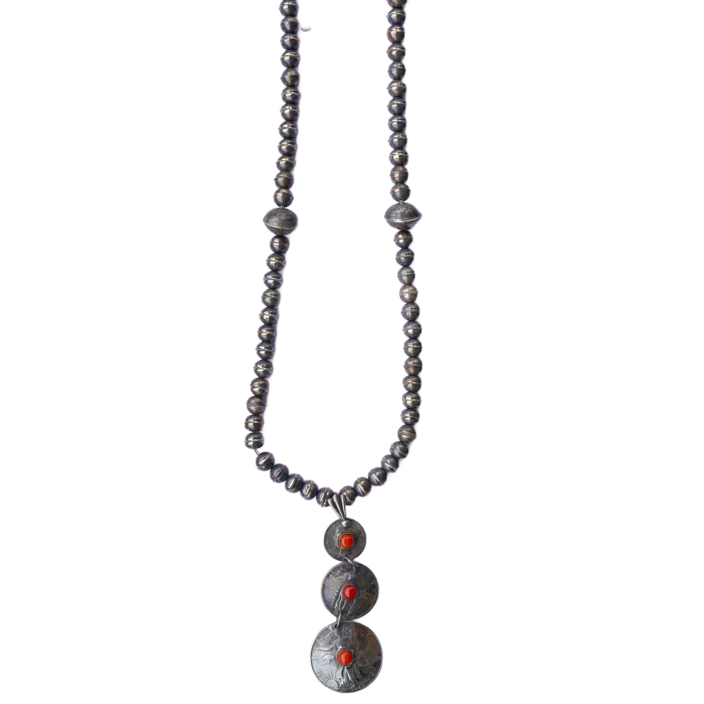Old Coin Pendant Necklace With Coral And Sterling Silver Bench Made Beads
