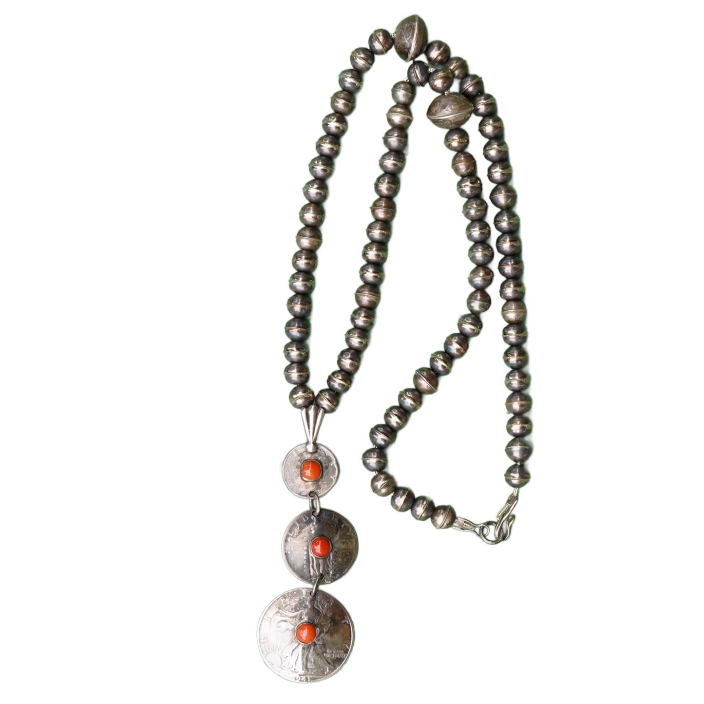 Old Coin Pendant Necklace With Coral And Sterling Silver Bench Made Beads