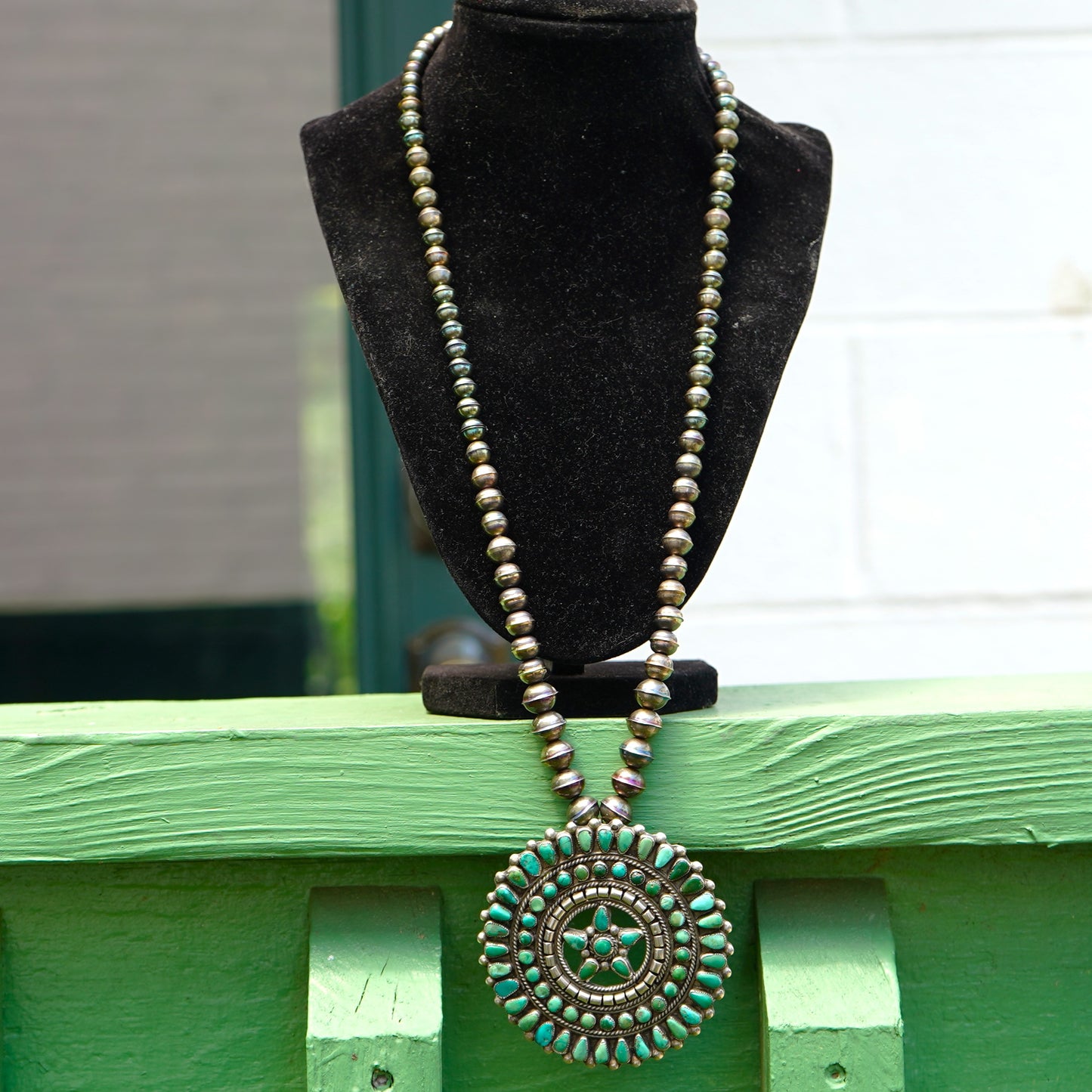 Turquoise Cluster Pendant With Sterling Silver Bench Made Beads.