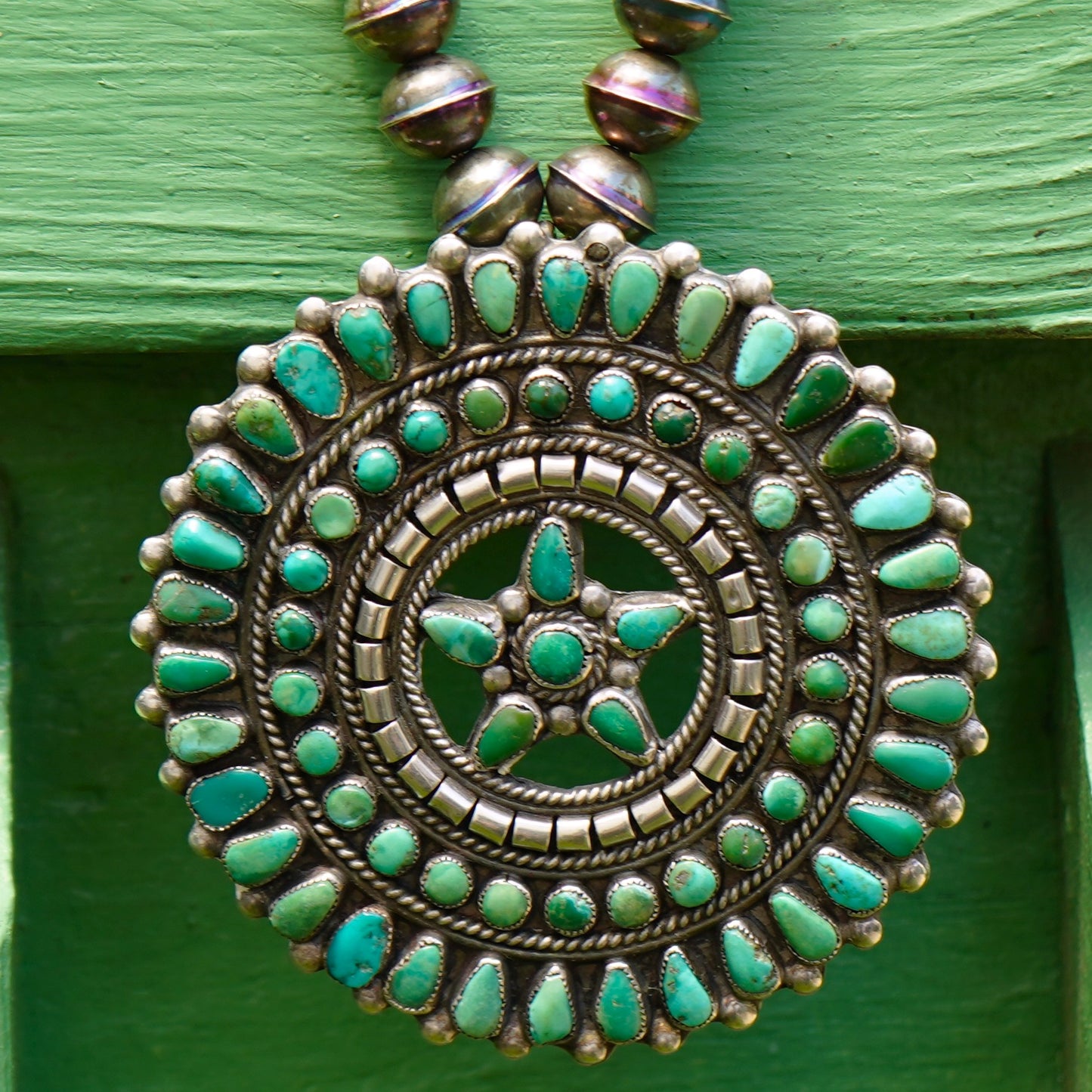 Turquoise Cluster Pendant With Sterling Silver Bench Made Beads.