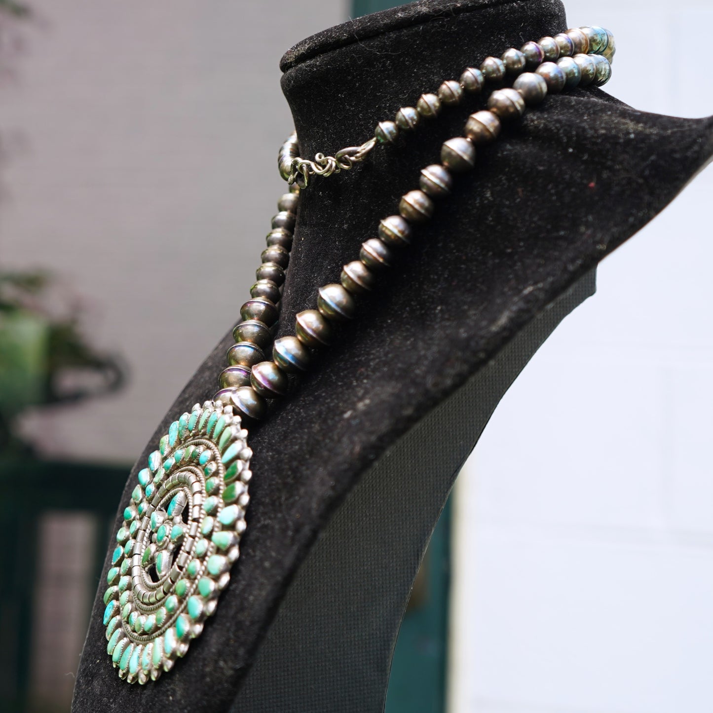 Turquoise Cluster Pendant With Sterling Silver Bench Made Beads.