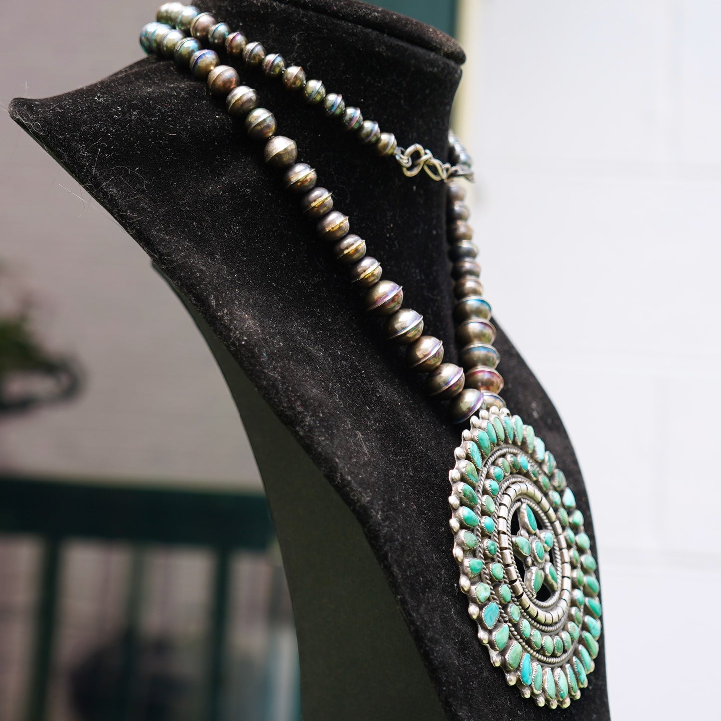 Turquoise Cluster Pendant With Sterling Silver Bench Made Beads.