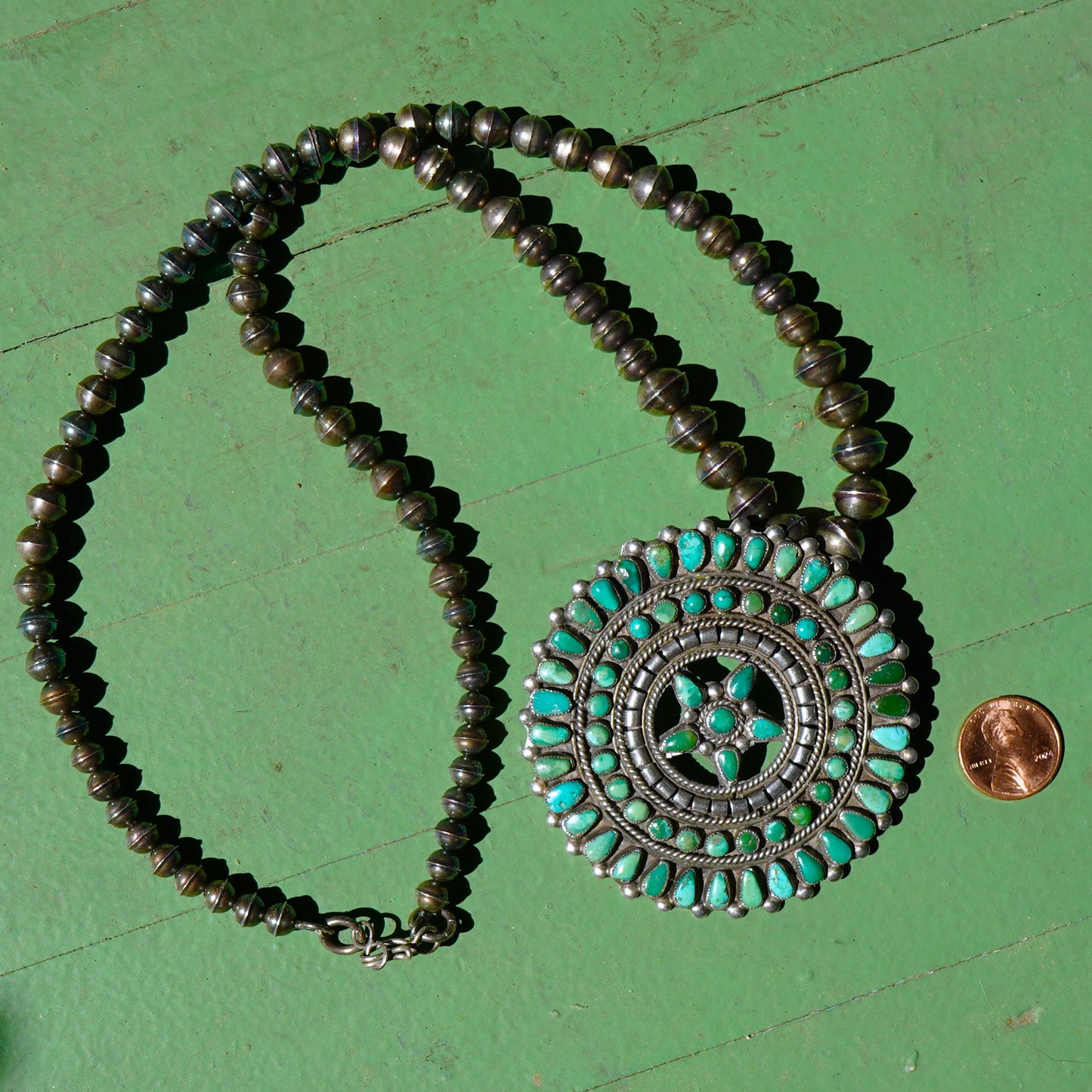 Turquoise Cluster Pendant With Sterling Silver Bench Made Beads.