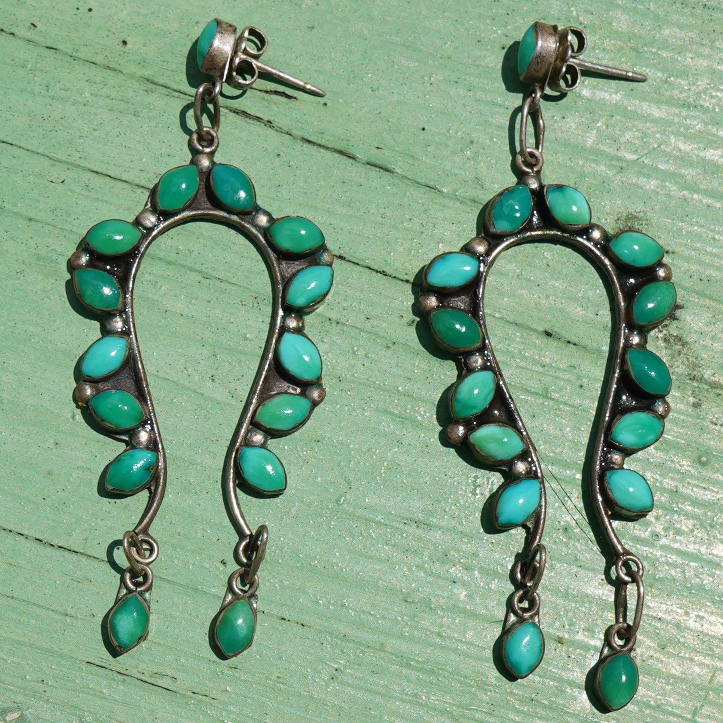 Old Coin Silver Cerrillos Turquoise Naja  Earrings
