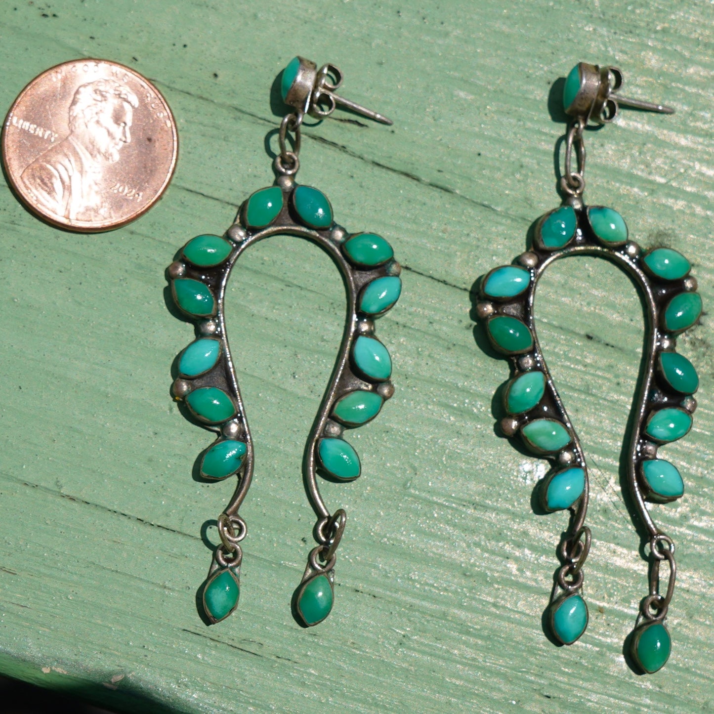 Old Coin Silver Cerrillos Turquoise Naja  Earrings