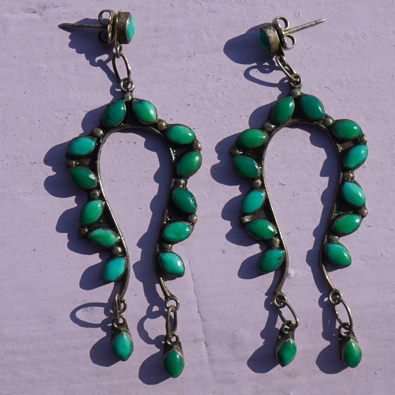 Old Coin Silver Cerrillos Turquoise Naja  Earrings