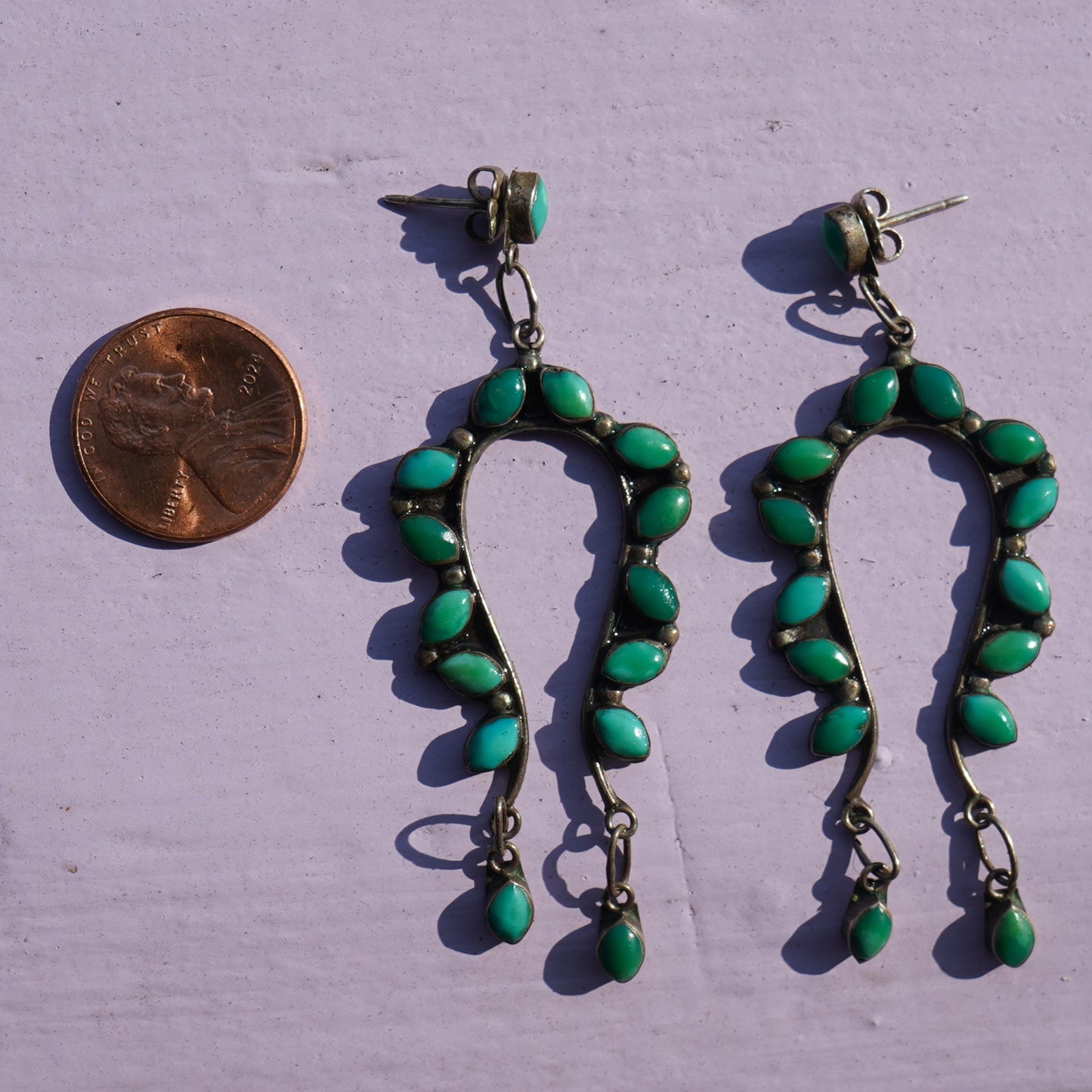 Old Coin Silver Cerrillos Turquoise Naja  Earrings