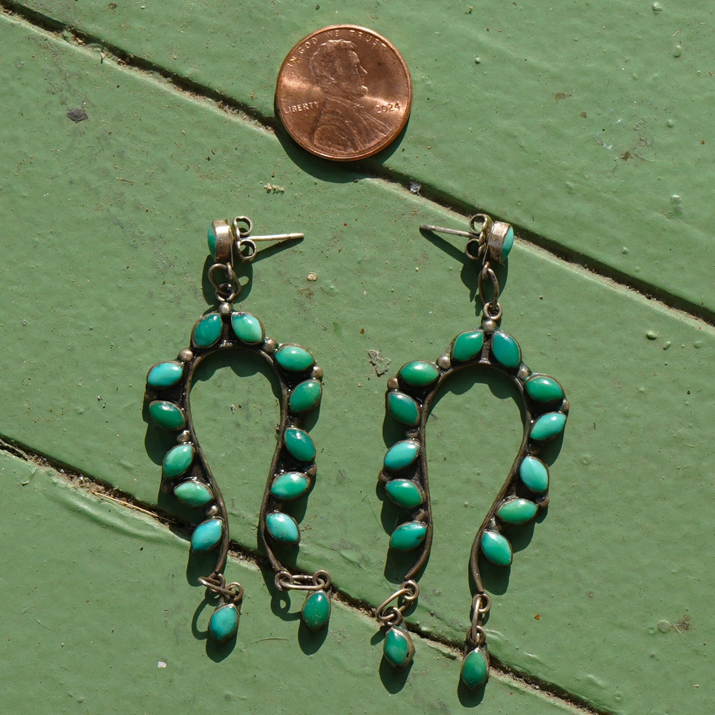 Old Coin Silver Cerrillos Turquoise Naja  Earrings