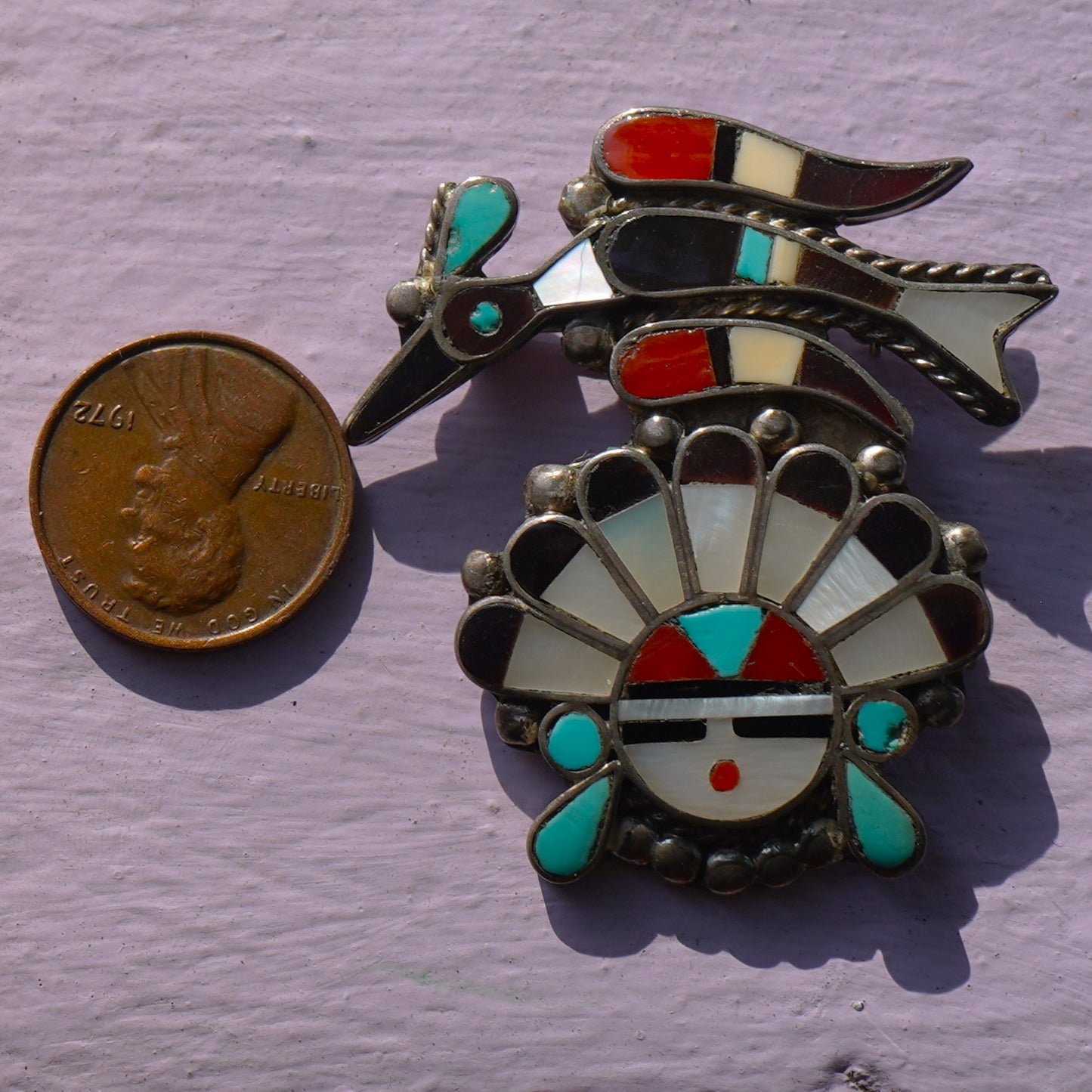 Vintage Signed Zuni Peyote Bird Sunface Pin/Pendant