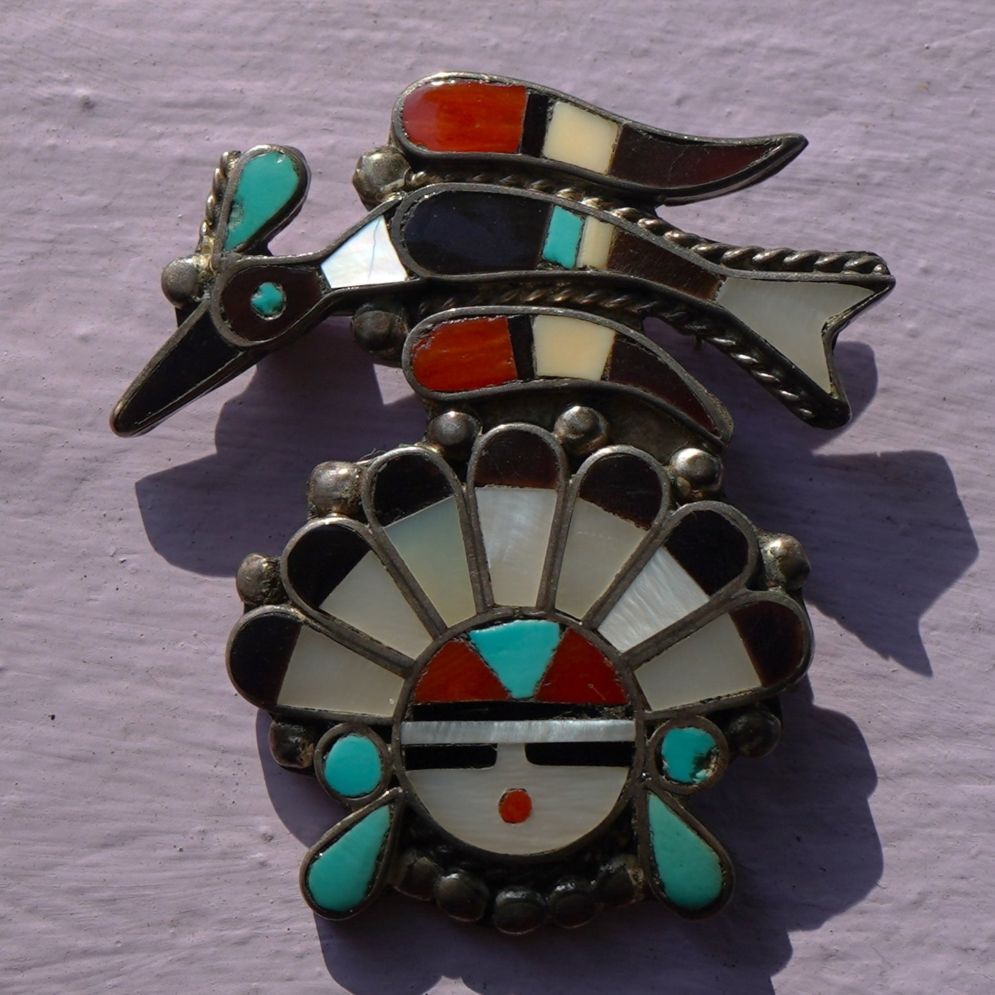 Vintage Signed Zuni Peyote Bird Sunface Pin/Pendant