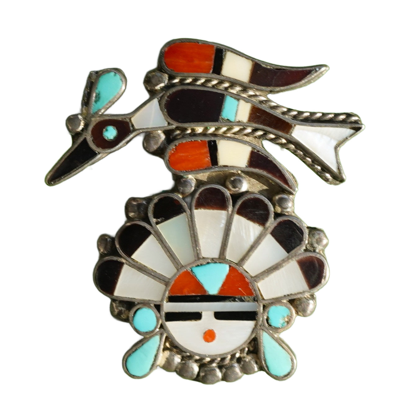 Vintage Signed Zuni Peyote Bird Sunface Pin/Pendant