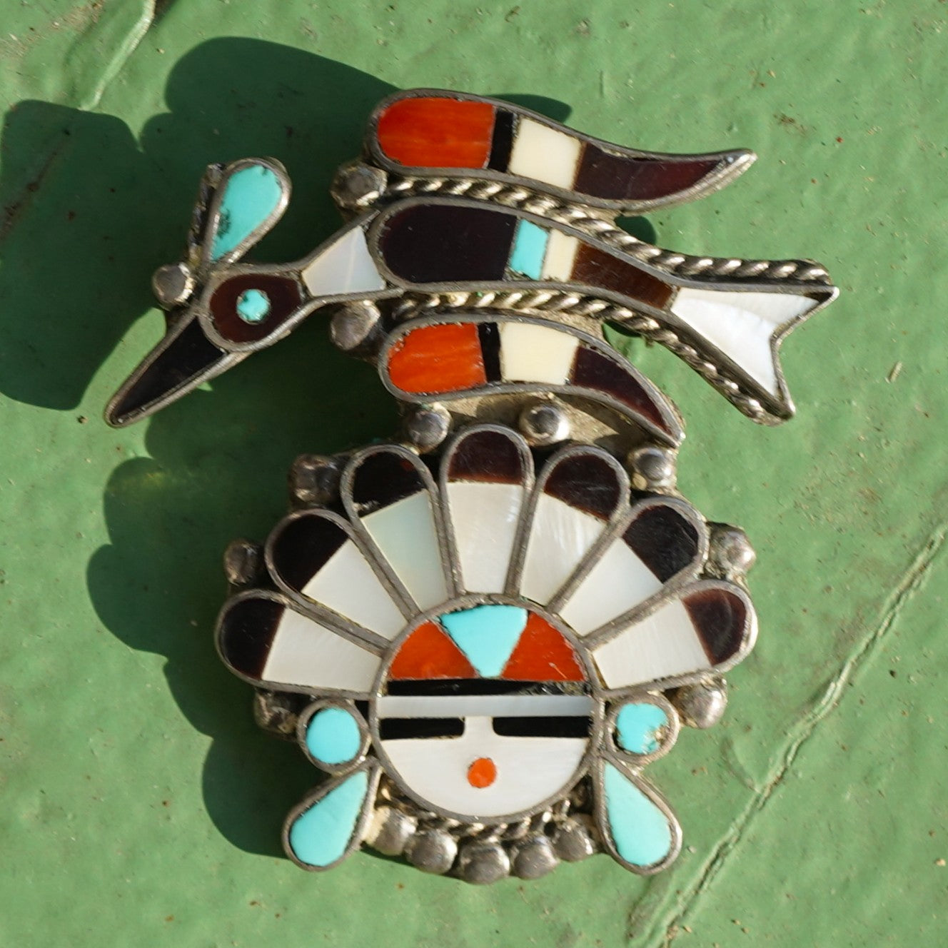 Vintage Signed Zuni Peyote Bird Sunface Pin/Pendant
