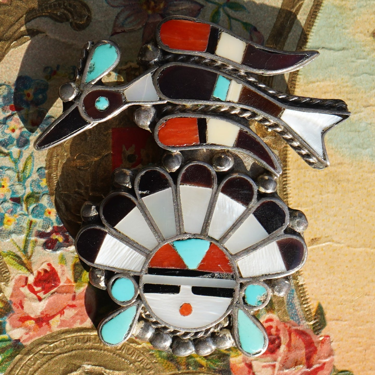 Vintage Signed Zuni Peyote Bird Sunface Pin/Pendant