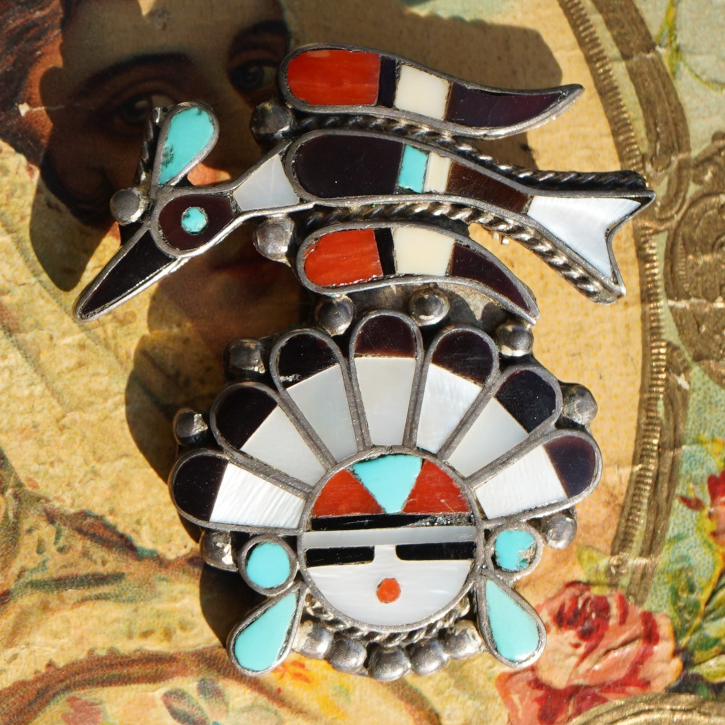 Vintage Signed Zuni Peyote Bird Sunface Pin/Pendant