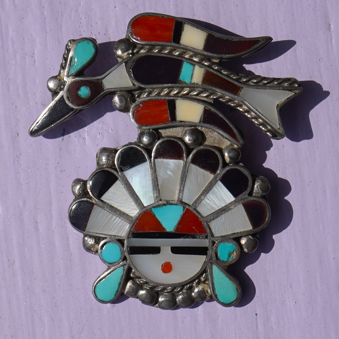 Vintage Signed Zuni Peyote Bird Sunface Pin/Pendant