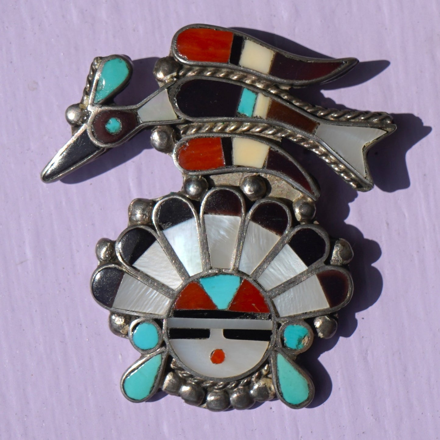 Vintage Signed Zuni Peyote Bird Sunface Pin/Pendant