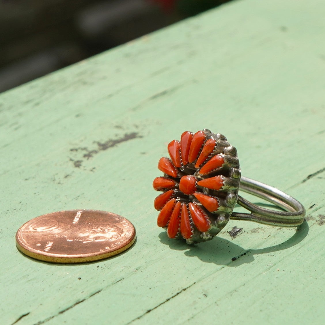 Natural Coral Needlepoint Southwest Ring