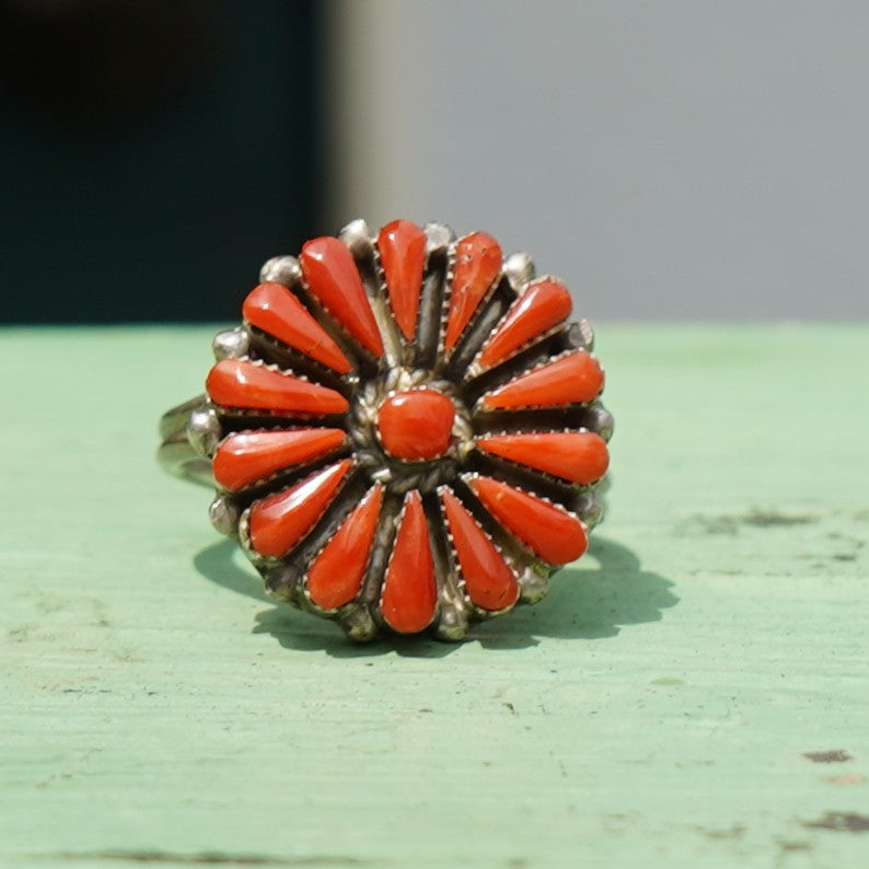 Natural Coral Needlepoint Southwest Ring