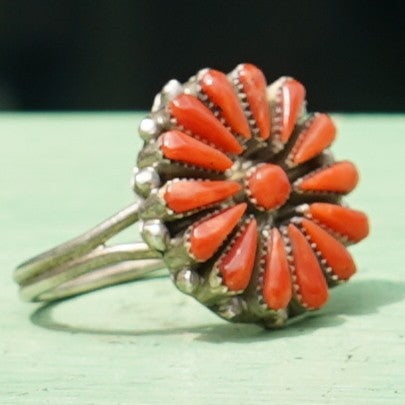 Natural Coral Needlepoint Southwest Ring