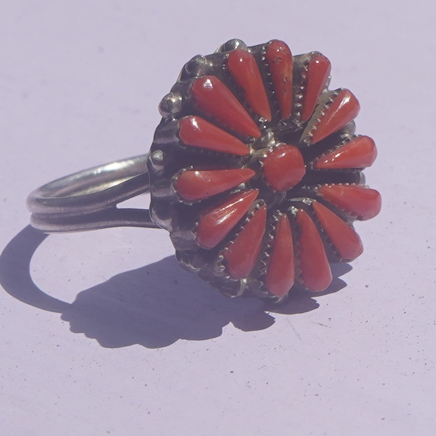 Natural Coral Needlepoint Southwest Ring