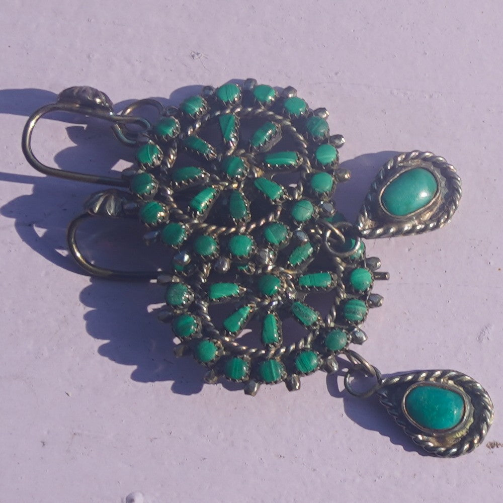 Vintage Southwest Style Malachite And Turquoise Earrings Sterling