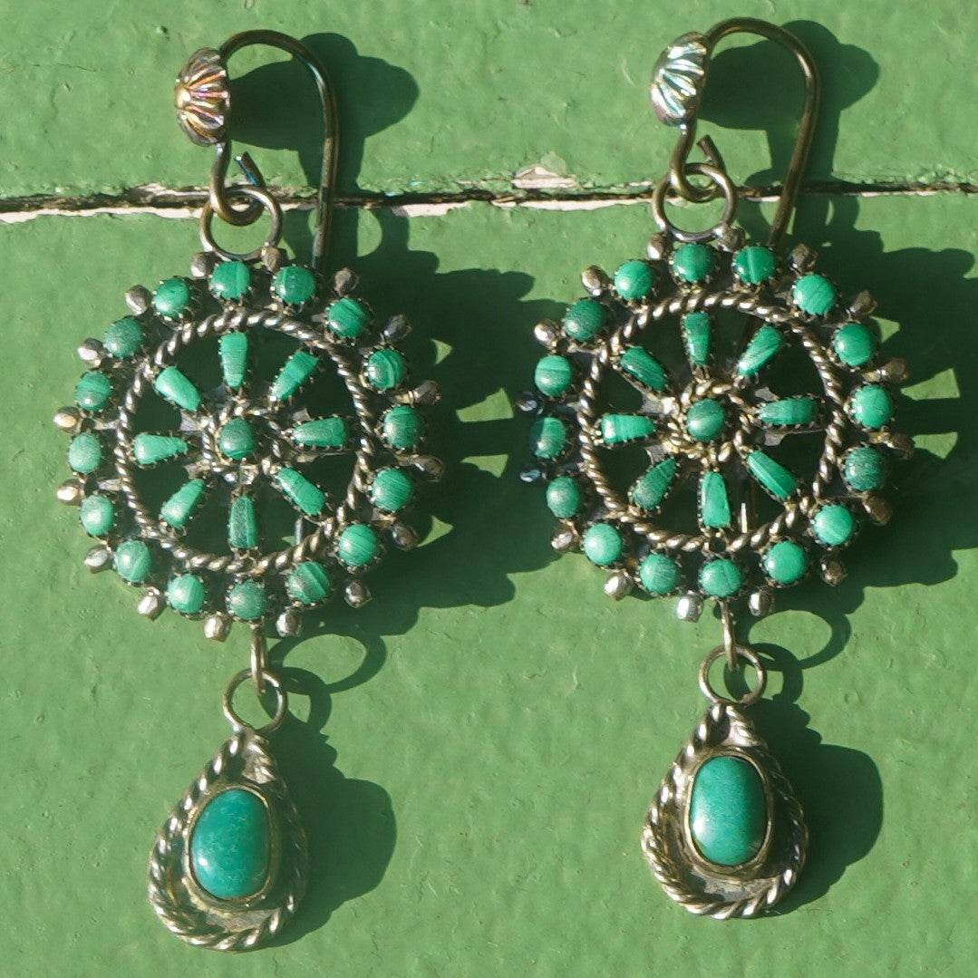 Vintage Southwest Style Malachite And Turquoise Earrings Sterling