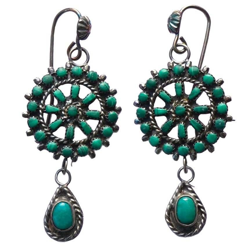 Vintage Southwest Style Malachite And Turquoise Earrings Sterling