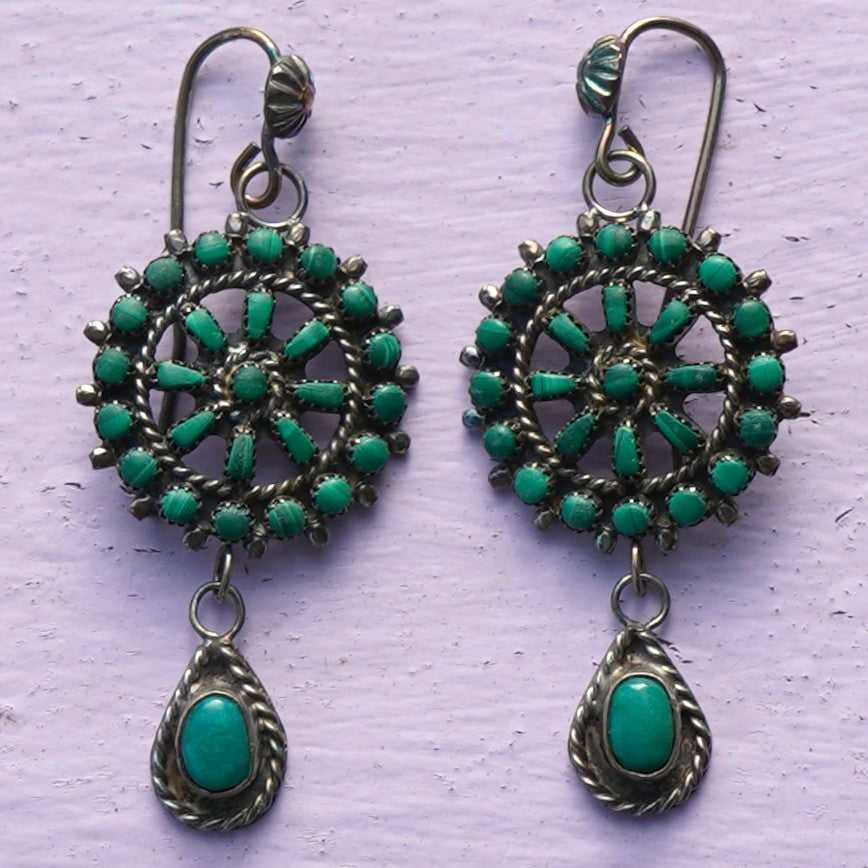 Vintage Southwest Style Malachite And Turquoise Earrings Sterling