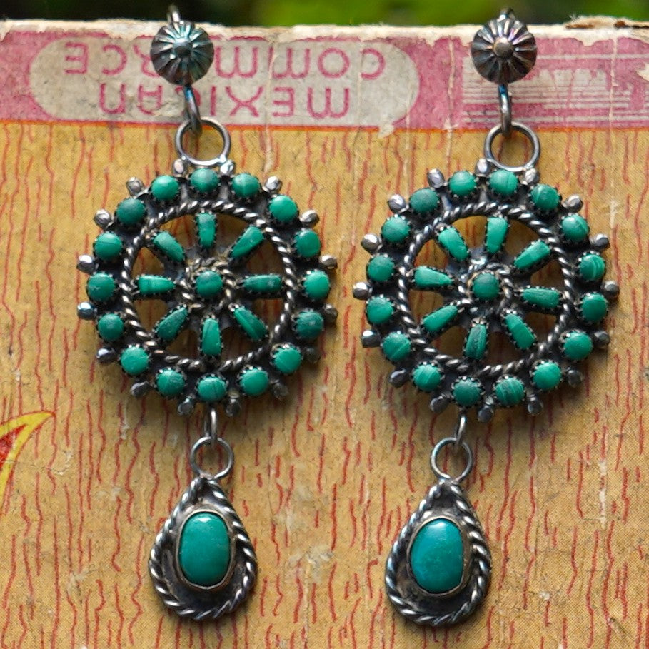Vintage Southwest Style Malachite And Turquoise Earrings Sterling