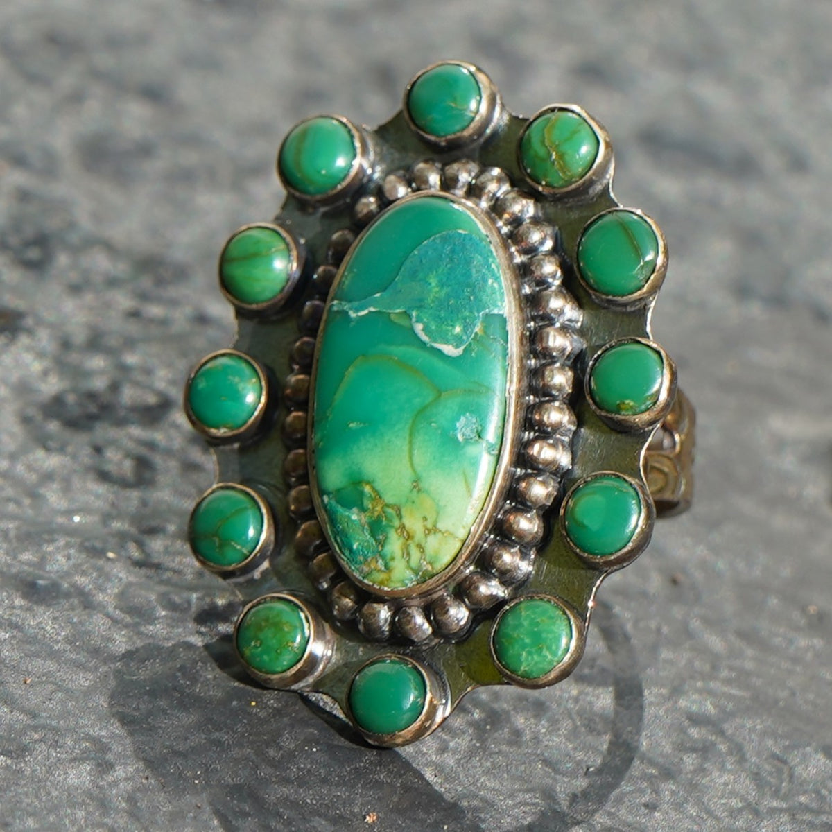 Vintage Green Cerrillos Turquoise Satellite Ring Sterling