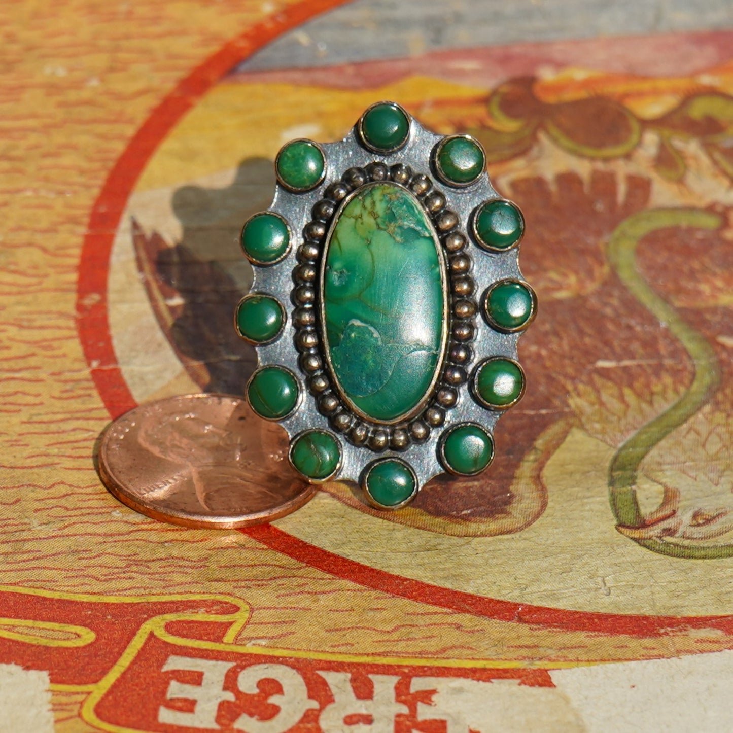 Vintage Green Cerrillos Turquoise Satellite Ring Sterling