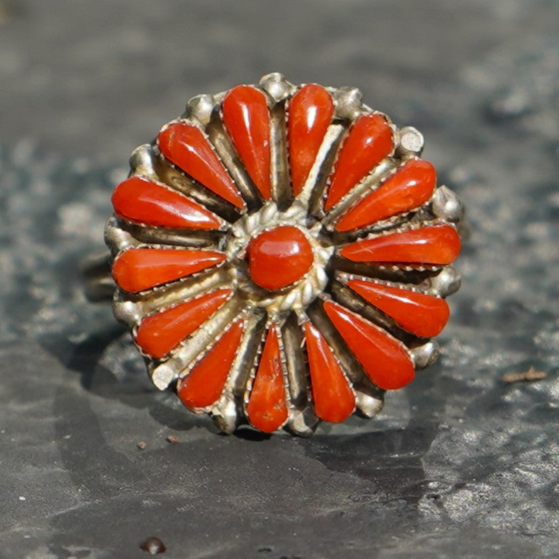 Natural Coral Needlepoint Southwest Ring