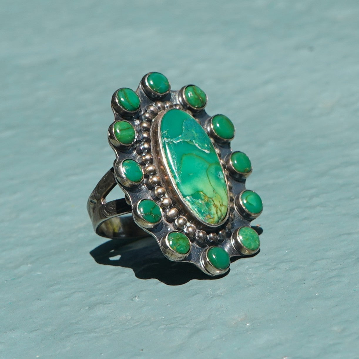 Vintage Green Cerrillos Turquoise Satellite Ring Sterling