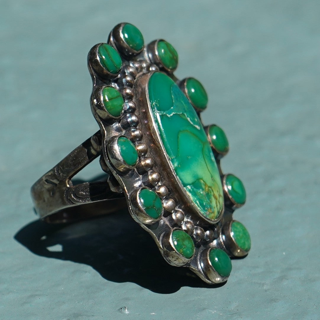 Vintage Green Cerrillos Turquoise Satellite Ring Sterling