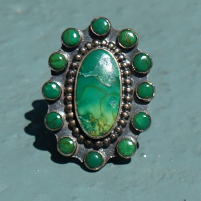 Vintage Green Cerrillos Turquoise Satellite Ring Sterling