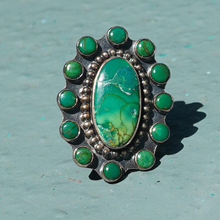 Vintage Green Cerrillos Turquoise Satellite Ring Sterling