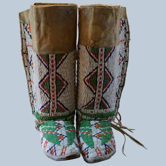 Early 1900's Lakota Women's Moccasins and Leggings with Silver Buttons