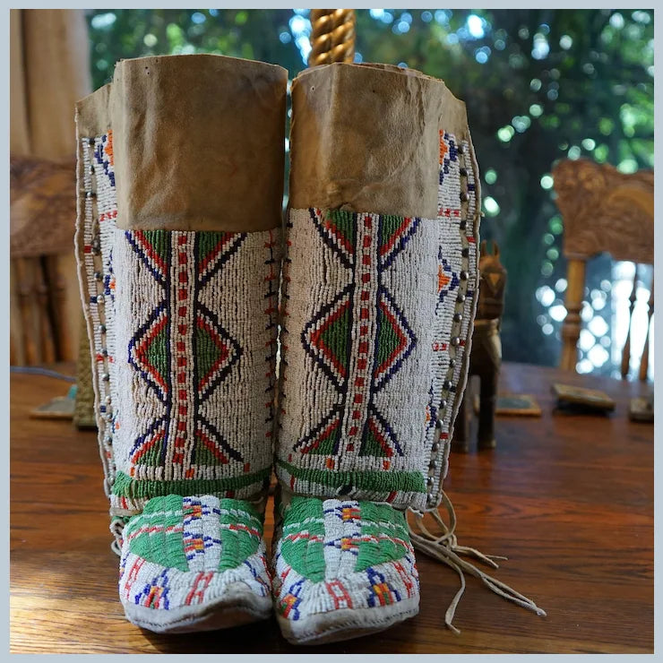 Early 1900's Lakota Women's Moccasins and Leggings with Silver Buttons