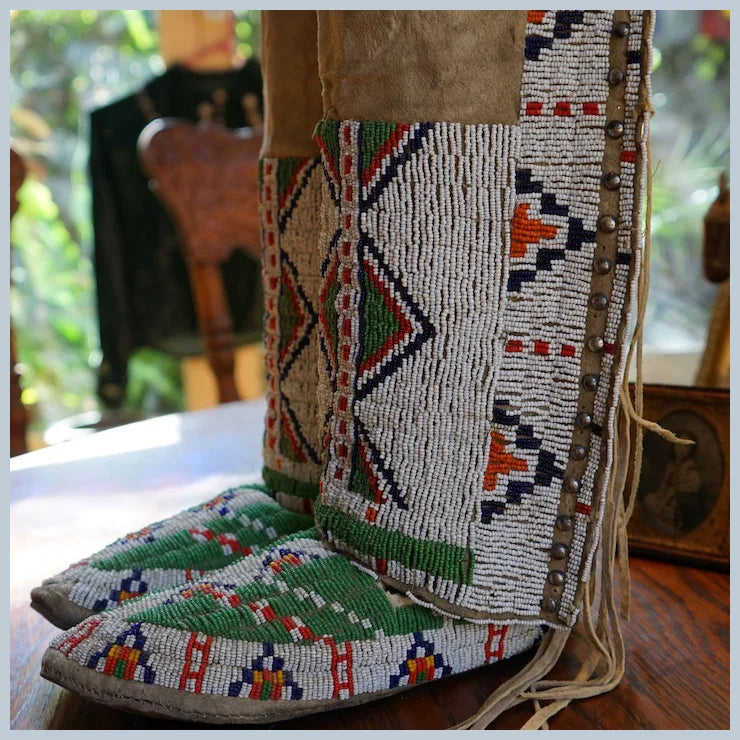 Early 1900's Lakota Women's Moccasins and Leggings with Silver Buttons