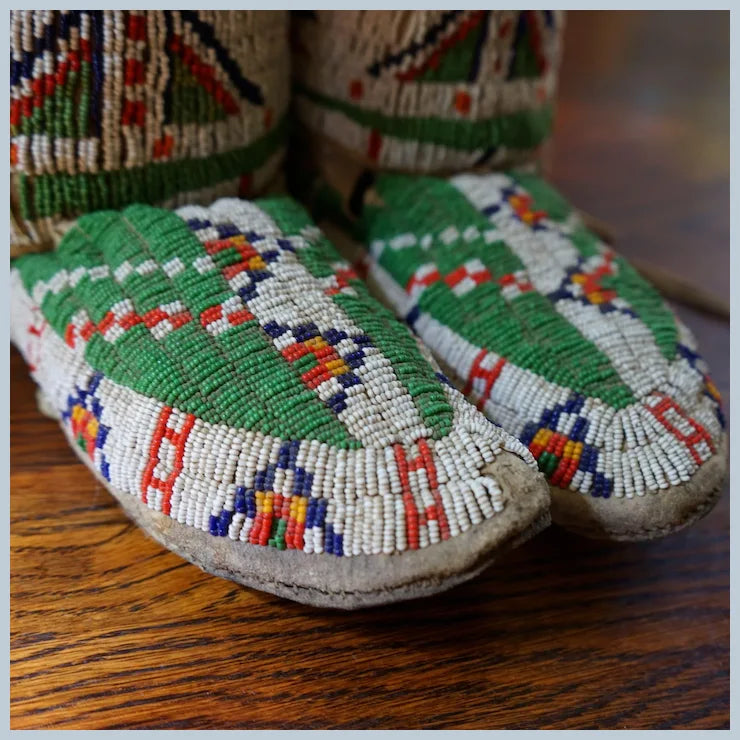 Early 1900's Lakota Women's Moccasins and Leggings with Silver Buttons