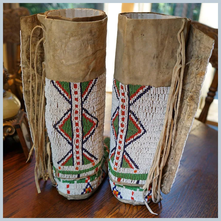 Early 1900's Lakota Women's Moccasins and Leggings with Silver Buttons