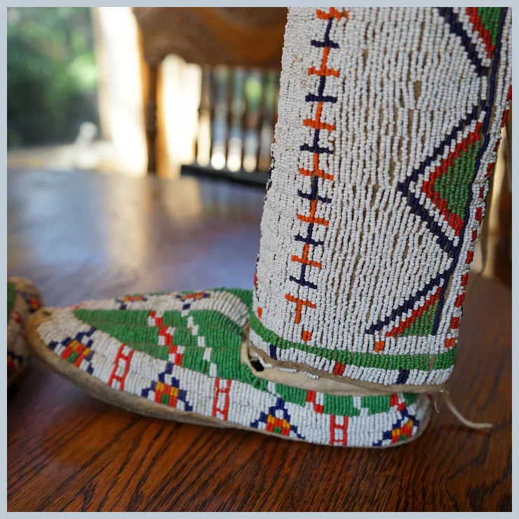 Early 1900's Lakota Women's Moccasins and Leggings with Silver Buttons