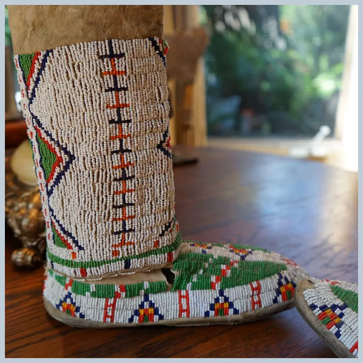 Early 1900's Lakota Women's Moccasins and Leggings with Silver Buttons