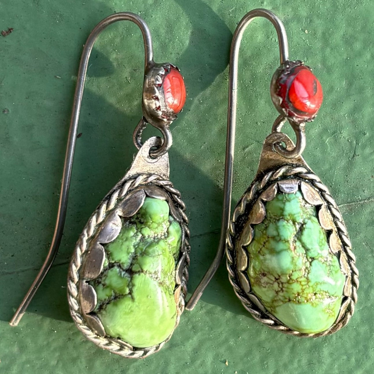 Vintage Green Turquoise Earrings With Red Coral