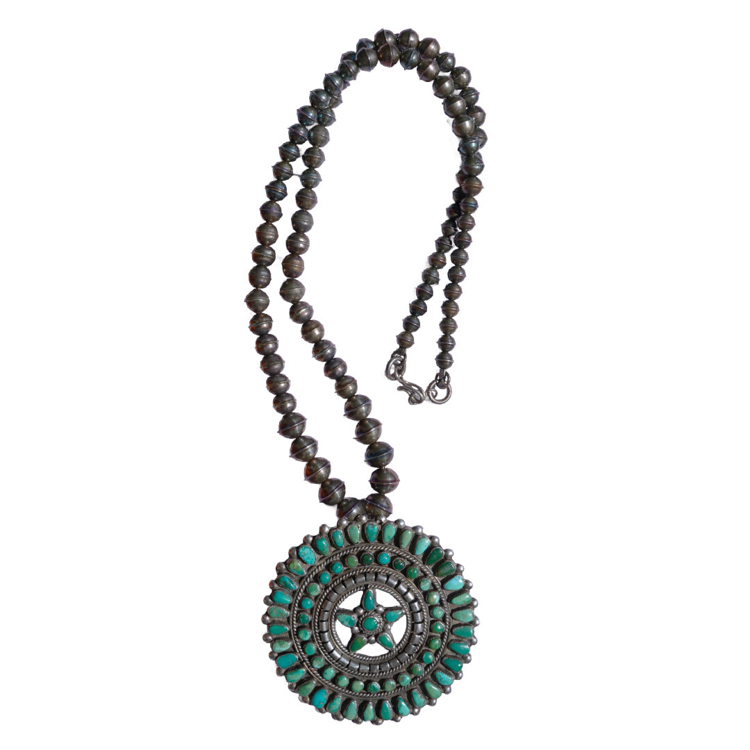 Turquoise Cluster Pendant With Sterling Silver Bench Made Beads.