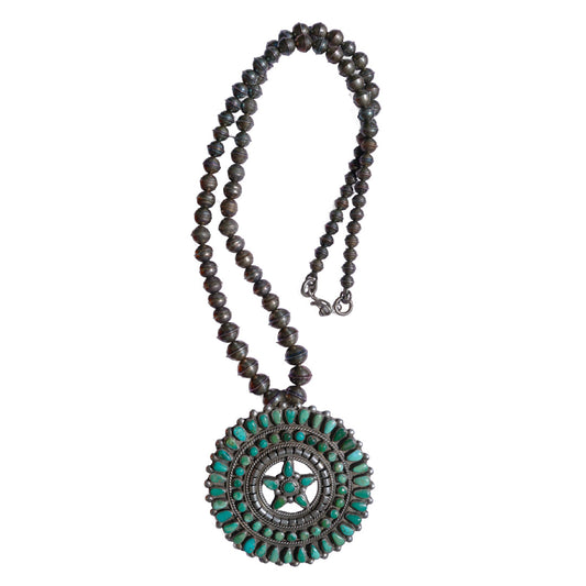 Turquoise Cluster Pendant With Sterling Silver Bench Made Beads.